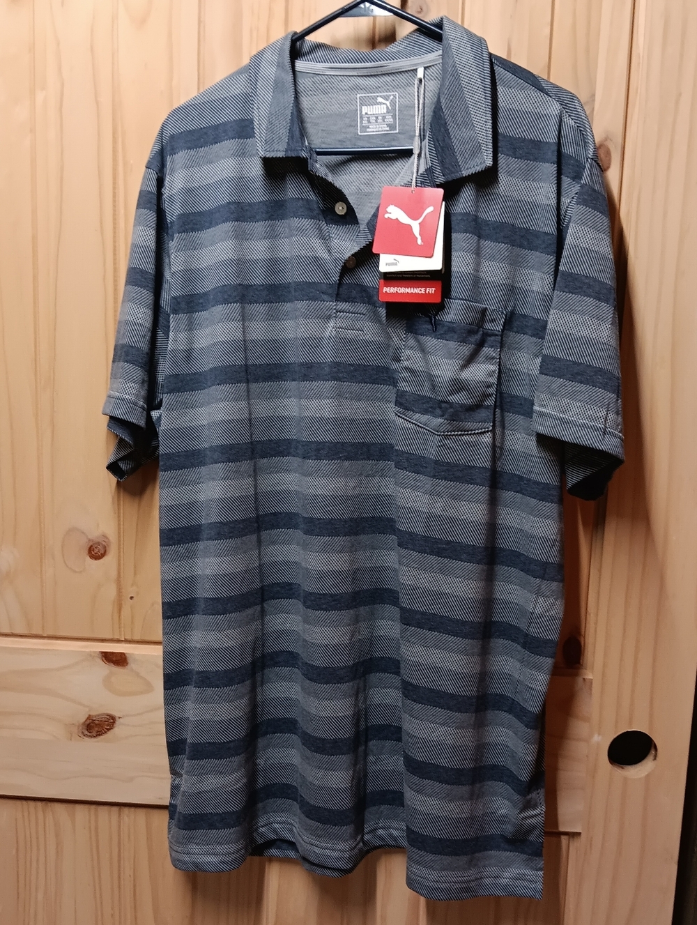 Puma Men’s Navy and Gray Striped Performance Polo NWT